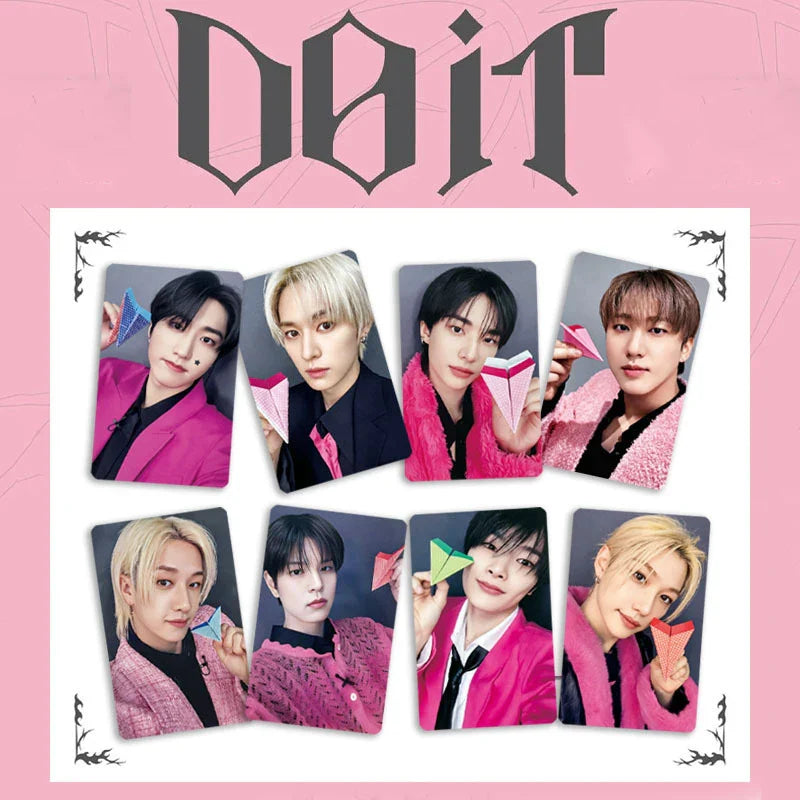 Pink and black kpop idol do it pop-up photocard featuring dbit members holding paper airplanes for fan collection