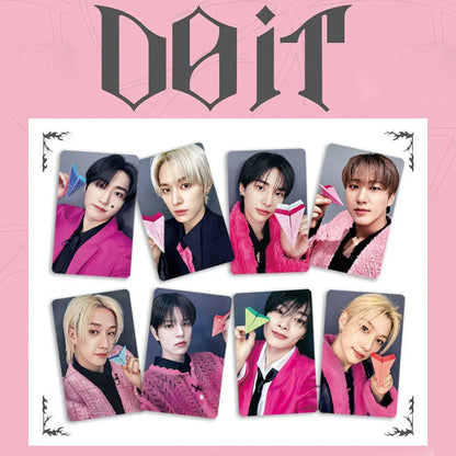 Pink and black kpop idol do it pop-up photocard featuring dbit members holding paper airplanes for fan collection