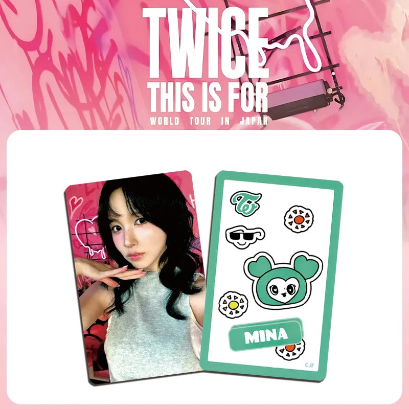 A mint green bordered kpop idol photocard featuring mina from twice with cute stickers for fan collection gift