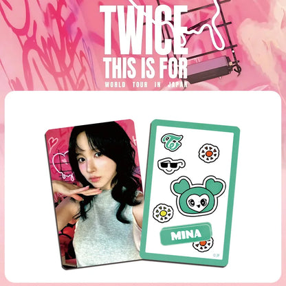 A mint green bordered kpop idol photocard featuring mina from twice with cute stickers for fan collection gift