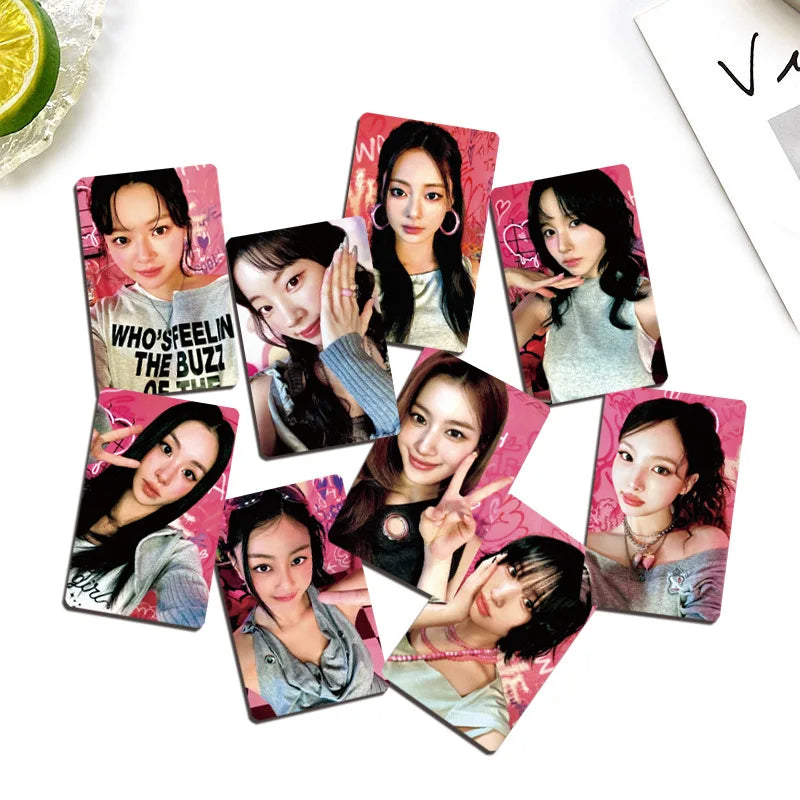 A collection of pink-themed kpop idol photocards featuring le sserafim members in varied poses from the two this is for album