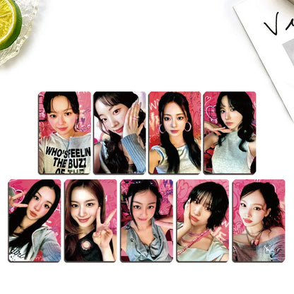 Set of eight glossy rectangular kpop idol photocard with vibrant pink backgrounds from two this is for merch collection