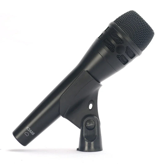 Black KSM8 professional dynamic cardioid microphone with mesh grille and textured body for singer stage performance
