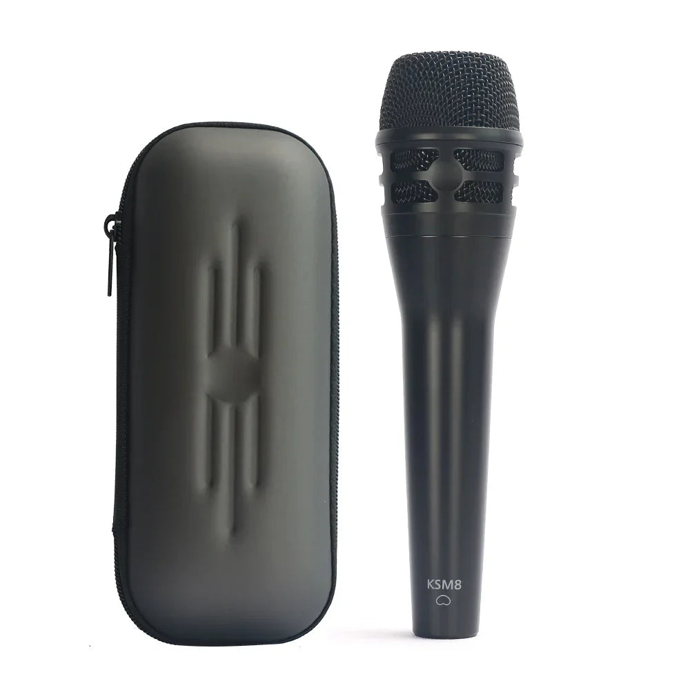 Black ksm8 professional dynamic cardioid handheld microphone with mesh grille and textured body for singer stage performance with matching protective case