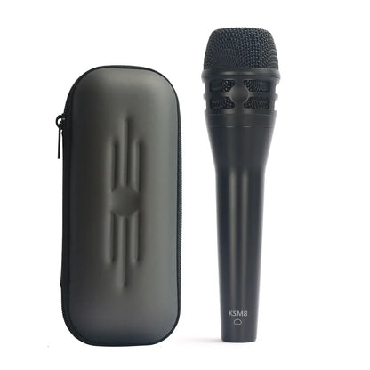 Black ksm8 professional dynamic cardioid handheld microphone with mesh grille and textured body for singer stage performance with matching protective case