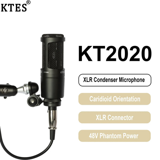 Black kt2020 condenser microphone xlr cardioid with mesh grille and metallic connector for vocals podcast streaming
