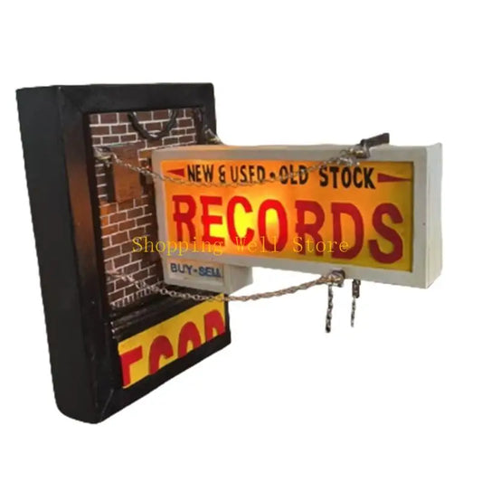 Vintage-style record wall lamp with bold red lettering on yellow handmade resin frame for music studios
