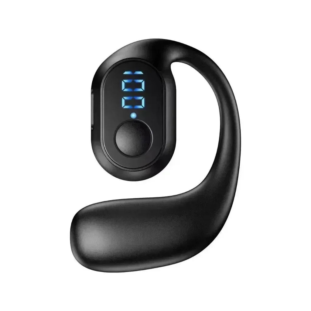 Black ky2 pro wireless earphones air conduction with curved ear-hook and blue digital display for music sports noise use
