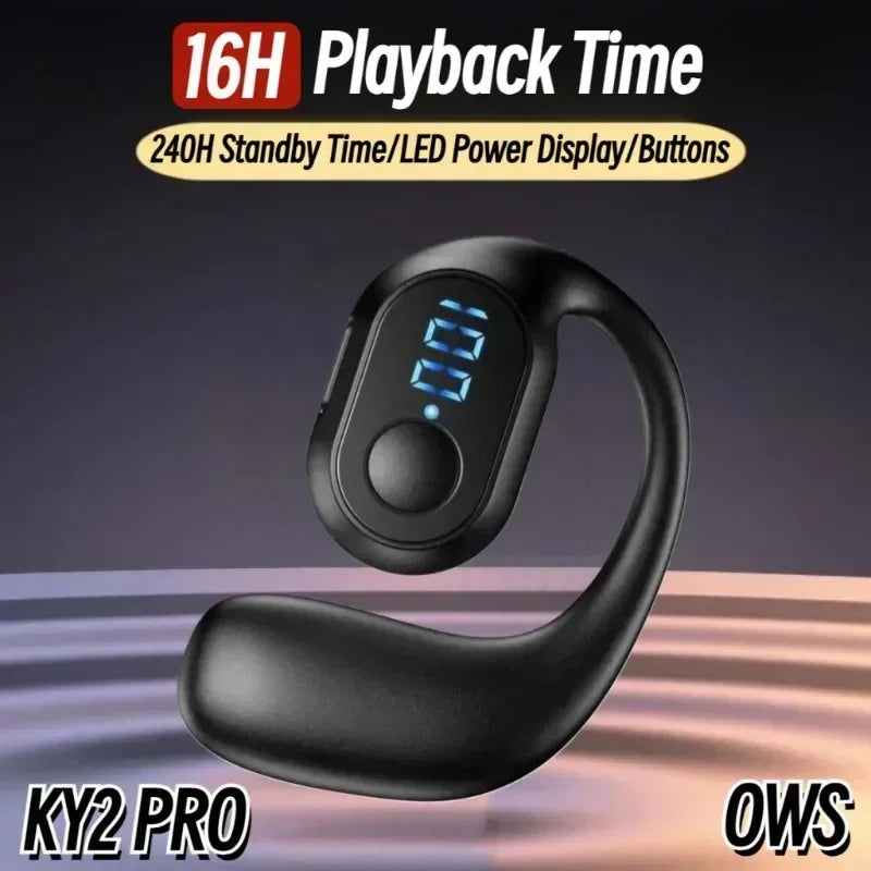 Black KY2 Pro wireless earphones air conduction with ear-hook design and blue LED power display for music sports noise