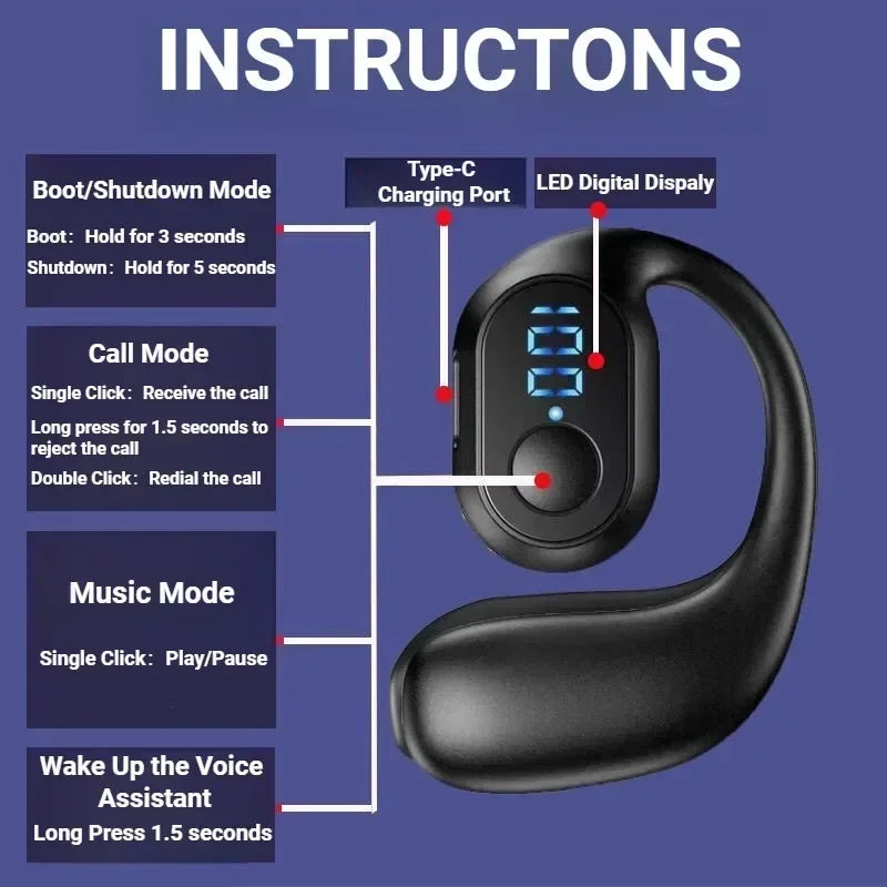 Black ky2 pro wireless earphones air conduction earbuds with led display and type-c charging port for music sports noise use