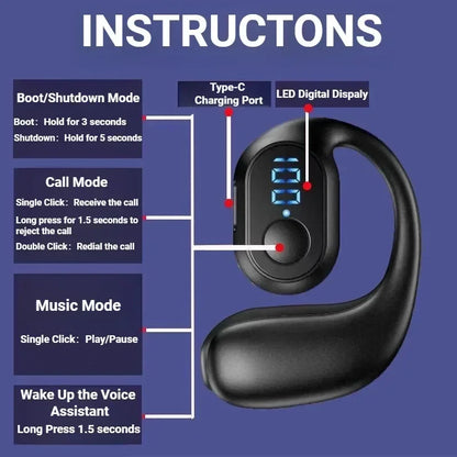 Black ky2 pro wireless earphones air conduction earbuds with led display and type-c charging port for music sports noise use
