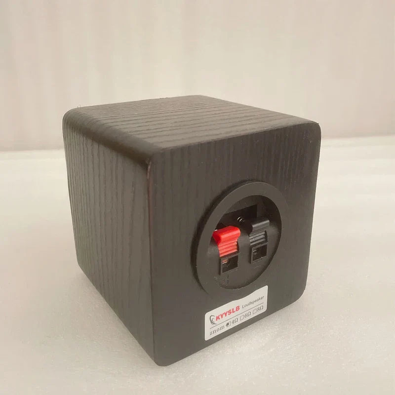 Black wooden-textured 3 inch passive bookshelf speaker with red and black binding posts for computer audio loudspeaker