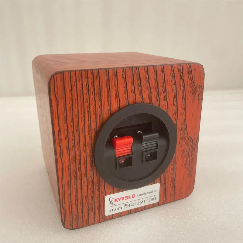 Red wood-grain finished 3 inch passive bookshelf speaker with black terminal plate and red black binding posts back view