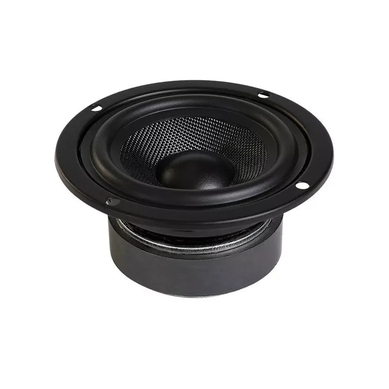 Black circular 4 inch mesh grille speaker driver with mounting holes for theater systems amplifier and car audio drive