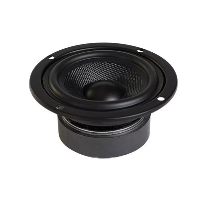 Black circular 4 inch mesh grille speaker driver with mounting holes for theater systems amplifier and car audio drive