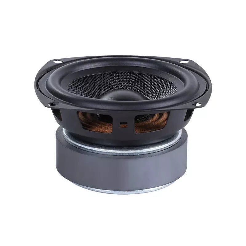 Black circular 4 inch full range speaker unit with mesh grille and copper voice coil for theater systems amplifier and car audio drive