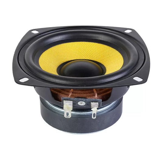 Black and yellow 3.5 inch woofer with textured cone and metal bracket for amplifier loudspeaker car audio drive use