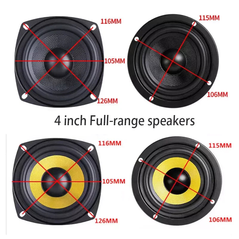 Black and yellow 4 inch full range speaker units with square and round designs for theater systems amplifier and car audio drive
