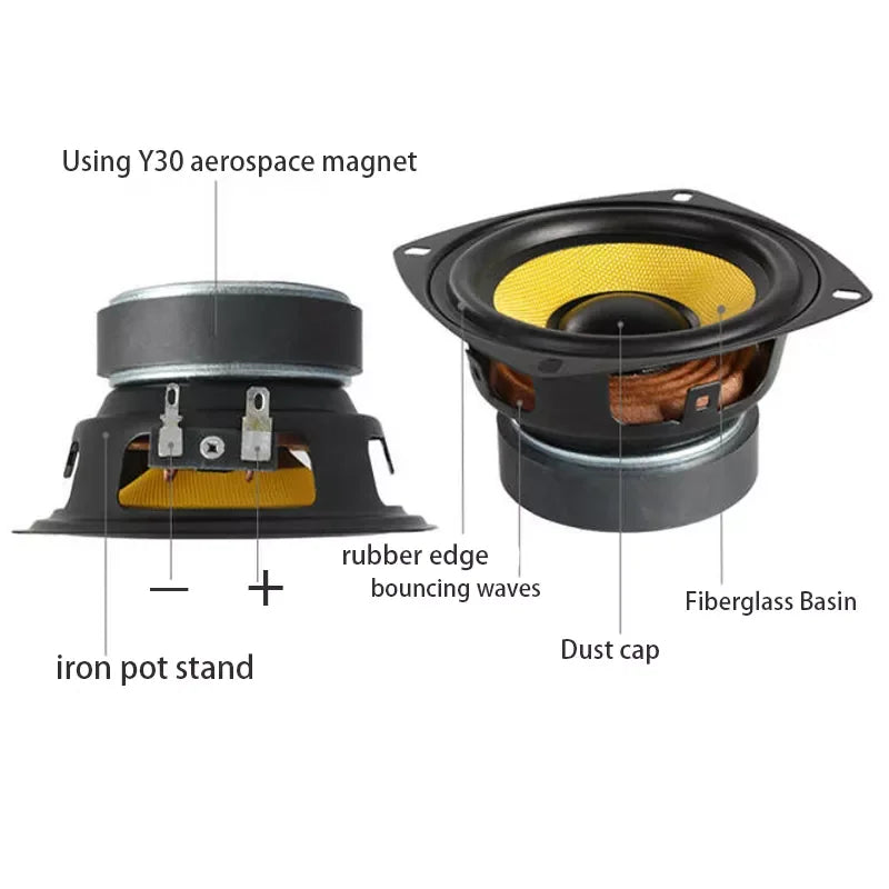 Black and yellow 4 inch full range speaker unit with y30 aerospace magnet for theater systems amplifier and car audio drive