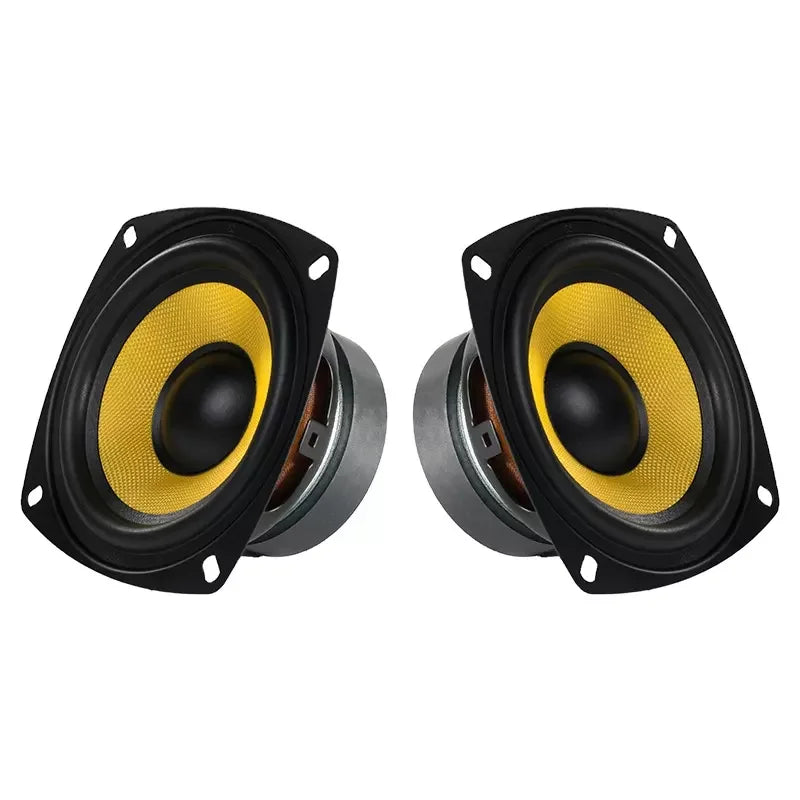 A pair of black and yellow oval 4 inch full range speakers with textured cones for theater systems amplifier and car audio drive