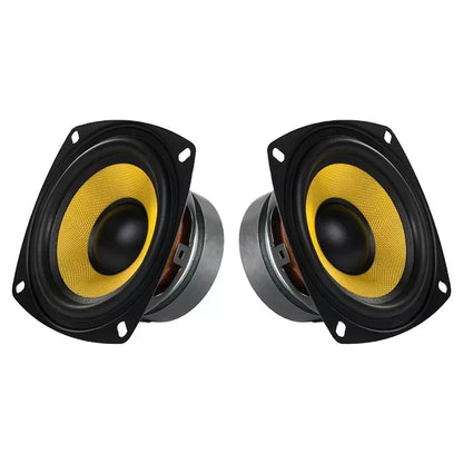 A pair of black and yellow oval 4 inch full range speakers with textured cones for theater systems amplifier and car audio drive