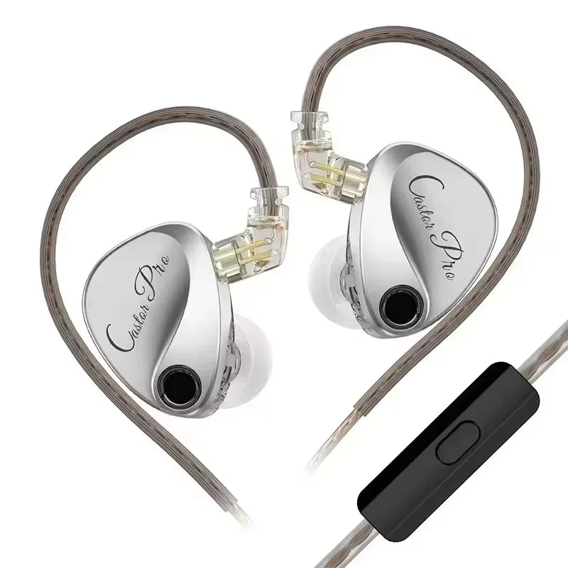 Silver castor pro wired in-ear monitors with transparent ear tips and black inline control for tunable hifi sound bass headsets customized