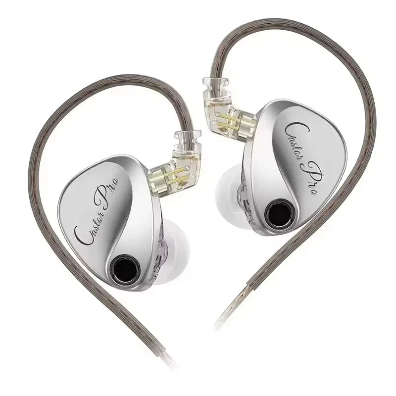 Silver castor pro wired in-ear monitors with transparent cable and metallic finish for tunable hifi sound bass headsets customized