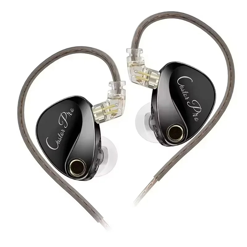 Black castor pro wired in-ear monitors with transparent connectors and braided gray cables for tunable hifi sound bass headsets customized