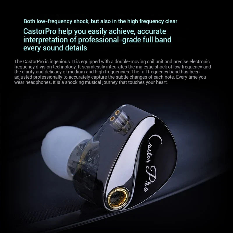 Black and silver castor pro wired in-ear monitor with transparent housing and tunable hifi sound bass headsets customized design