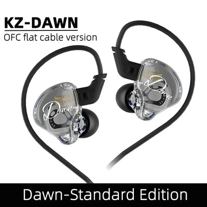 Clear transparent kz dawn hifi earphone with black silicone tips and flat cable for ear monitor gaming and music dj stage use