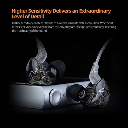 Clear transparent dawn hifi earphone with black silicone tips and silver accents on silver audio player for music dj stage use