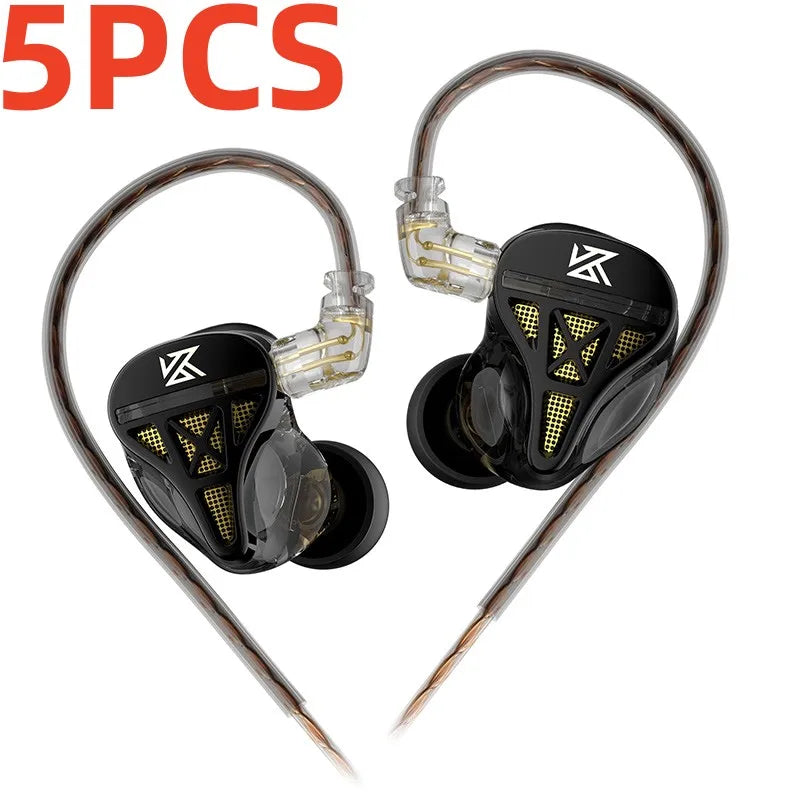 Black and transparent KZ DQS metal wired earphones with gold mesh accents earbuds headphones hifi bass monitor sport design