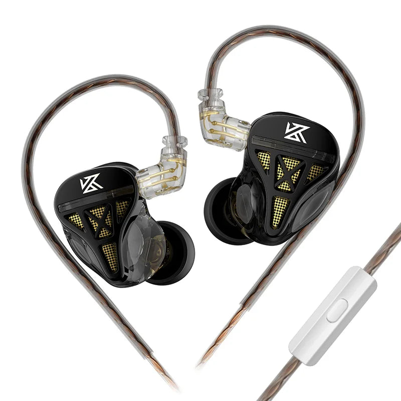 Black and transparent kz dqs metal wired earphones with gold mesh accents earbuds headphones hifi bass monitor sport