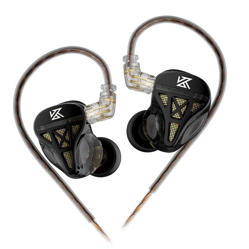 Black and transparent metal wired earphones with gold mesh accents earbuds headphones hifi bass monitor sport design
