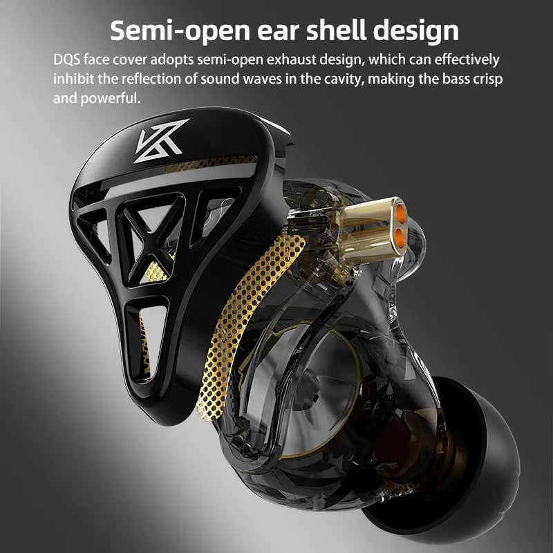 KZ DQS black and gold metal wired earphones with transparent shell earbuds headphones hifi bass monitor sport use