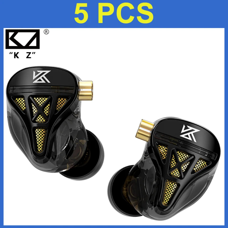 Black KZ metal wired earphones with gold accents and mesh grille design earbuds headphones hifi bass monitor sport