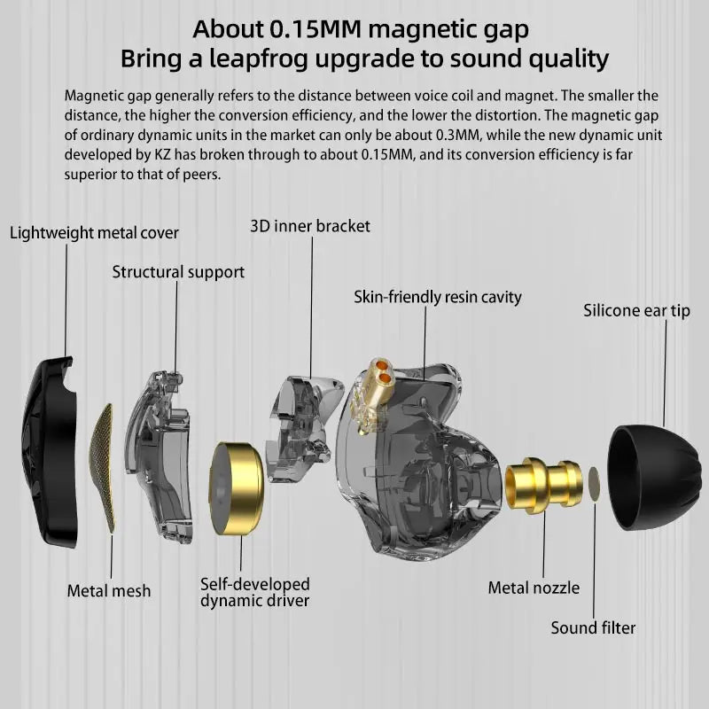 Clear transparent kz dqs metal wired earphones with gold metallic components and black silicone ear tip for bass monitor sport use