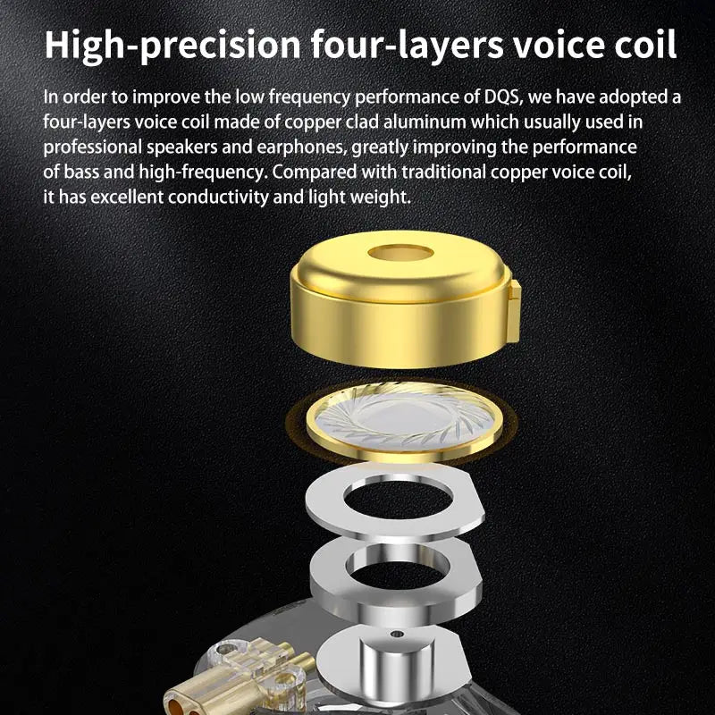 KZ DQS metal wired earphones with gold and silver four-layer voice coil and copper-clad aluminum bass monitor sport design