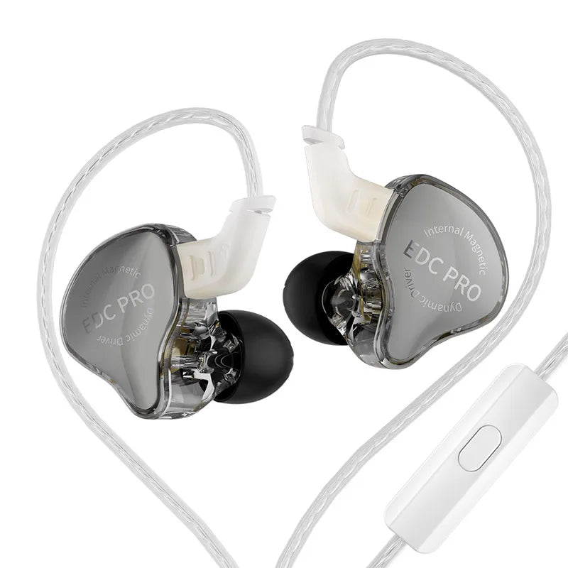 Clear transparent edc pro aux wired earphone with silver accents and black silicone earbuds iem detachable cable design