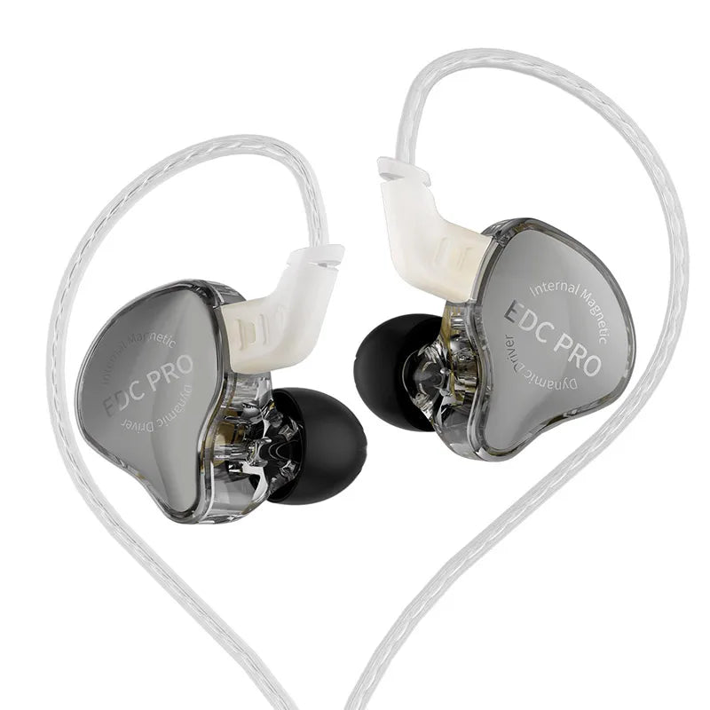 Clear heart-shaped edc pro aux wired earphone with silver metallic casing and black earbuds iem detachable cable