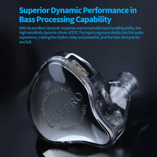 Clear transparent KZ EDC PRO in-ear monitor with metallic finish and engraved branding for hi-fi noise cancelling audio