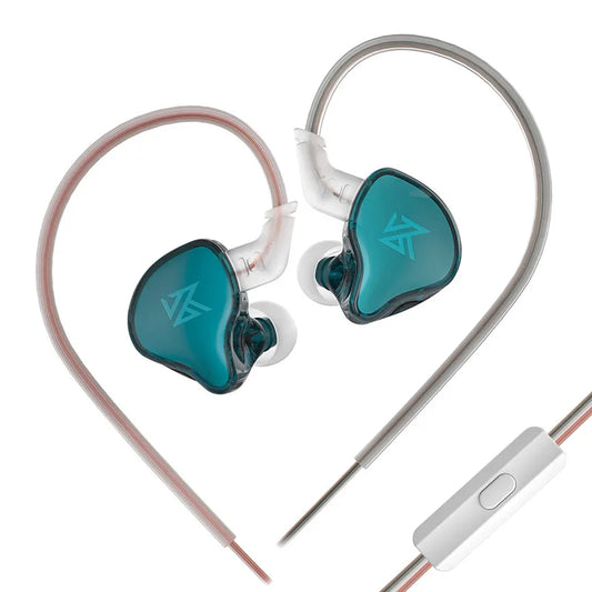 Teal translucent wired earphone monitor with heart-shaped design and silver metallic hooks for sport noise reduction and outdoor use