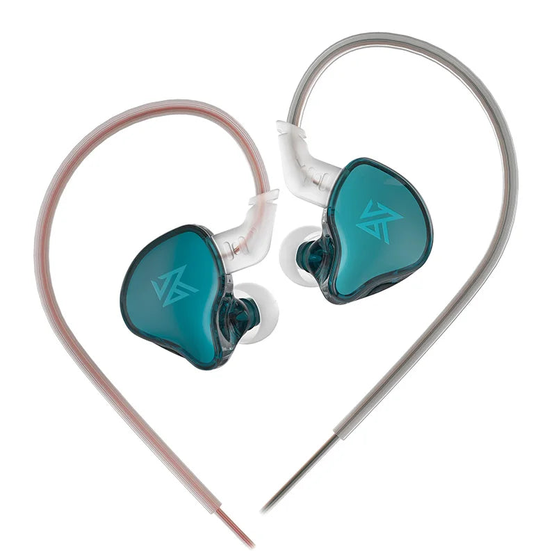 Teal translucent wired earphone monitor with heart-shaped design and silver ear hooks for sport noise reduction and outdoor earbuds dynamic use