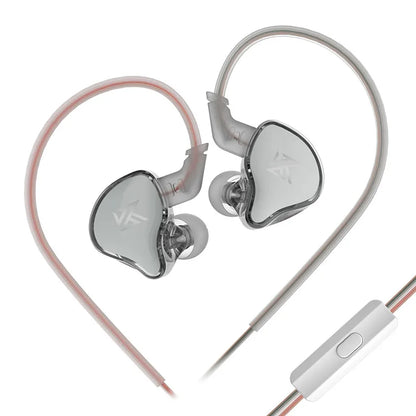 Clear silver-finished wired earphone monitor with heart-shaped design and vf branding for sport noise reduction outdoor use