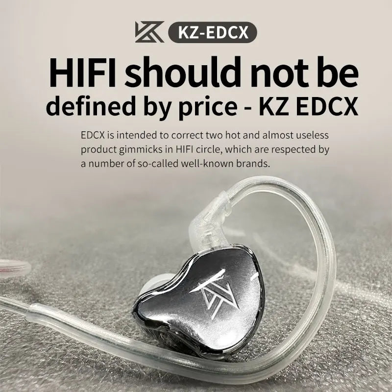 KZ EDCX wired earphone monitor with metallic silver housing and transparent silicone ear hooks for sport noise reduction and outdoor use