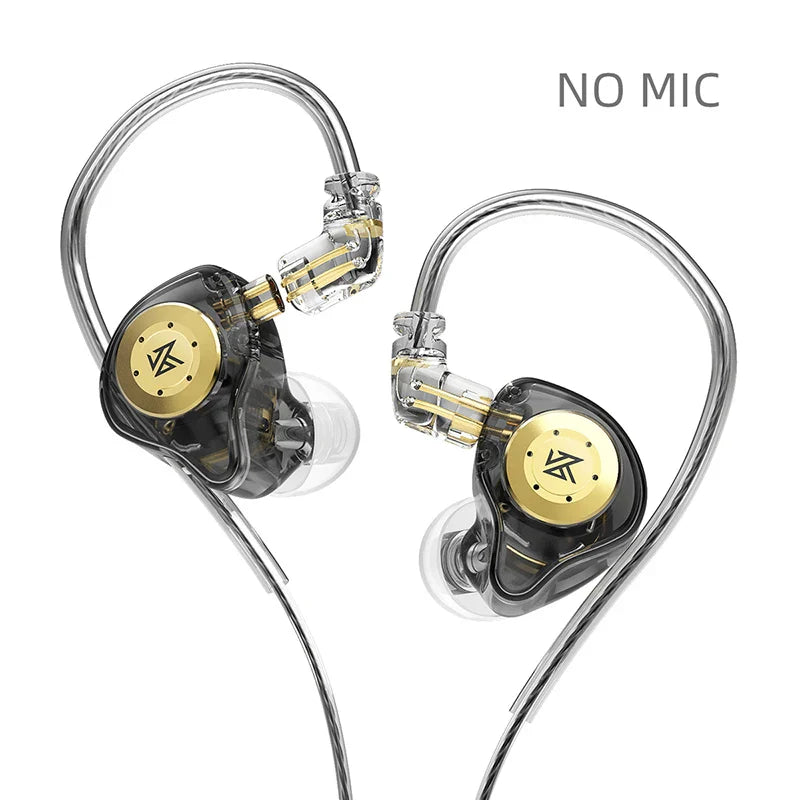 Clear transparent kz edx pro dynamic earphones hifi with gold accents and sleek metallic wire for sport noise cancelling use