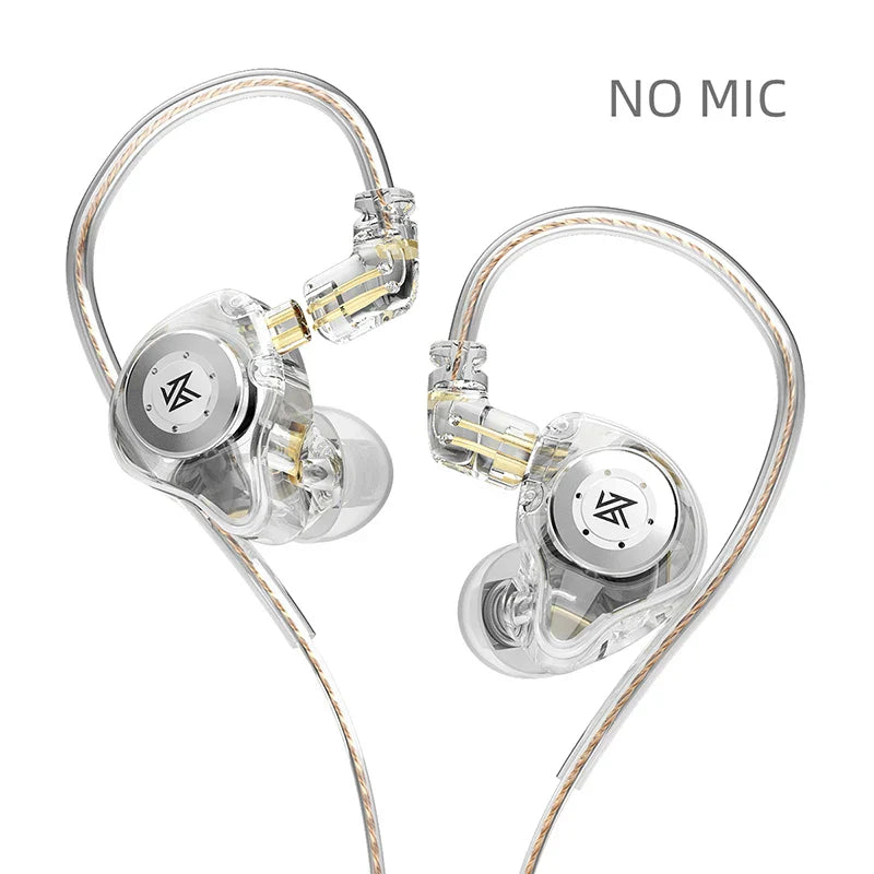 Clear transparent kz edx pro dynamic earphones hifi with silver accents and gold components for sport noise cancelling use