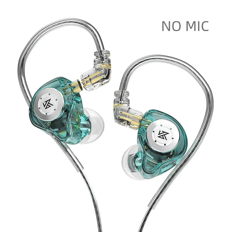 Transparent teal kZ edx pro dynamic earphones hifi with silver accents designed for sport noise cancelling use