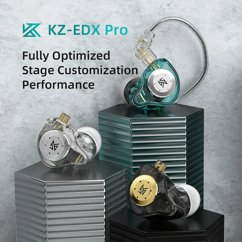 Clear transparent kz edx pro dynamic earphones hifi with teal and gold accents for sport noise cancelling use