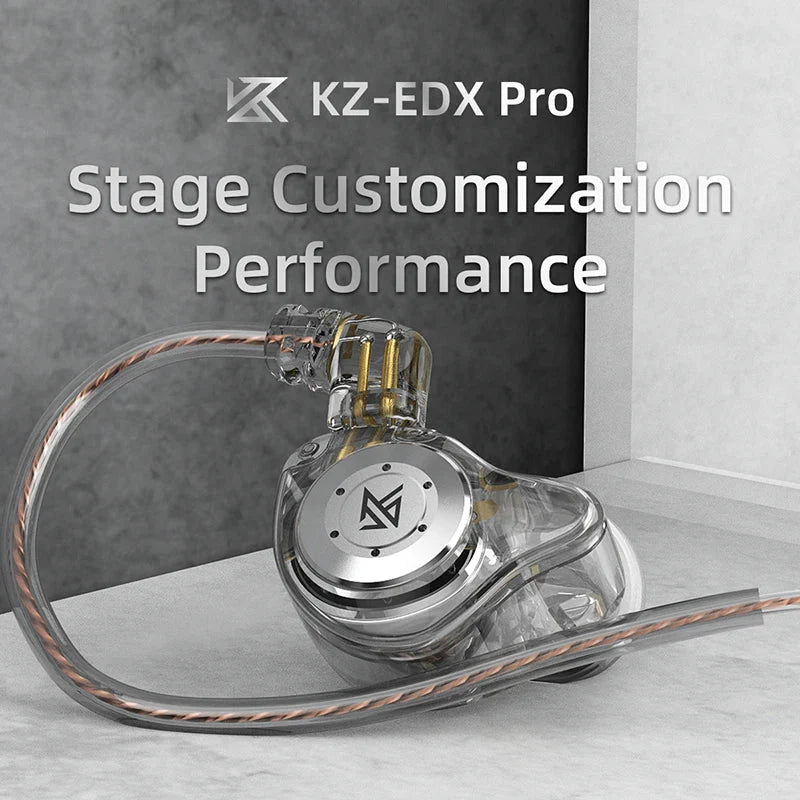 Clear transparent kz edx pro dynamic earphones hifi with silver driver housing and gold contacts for sport noise cancelling use